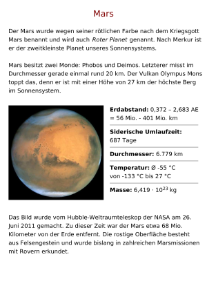 Monde und Temperatur des Planeten Mars